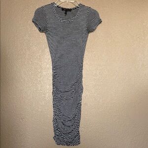 BCBGMaxAzria Black and White Ruched Bodycon Midi Dress